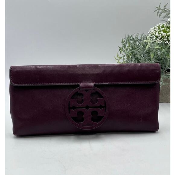 Tory Burch Burgundy Port Wine Logo Front Leather Miller Fold-over Clutch - Picture 12 of 13